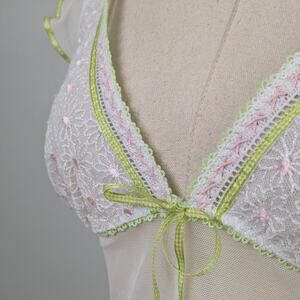 Y2K Sheer Slip Babydoll M Cream Green Vintage Floral Lace Fairy Dainty Nightgown